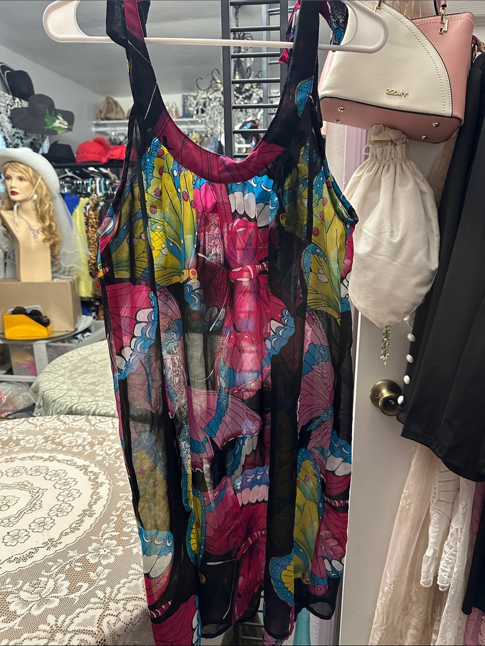 Sheer Floral Butterfly Swim Coverup - Black/Pink